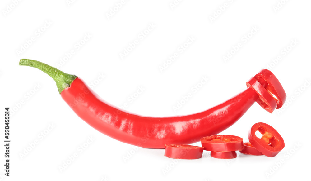 Sliced fresh chili pepper on white background