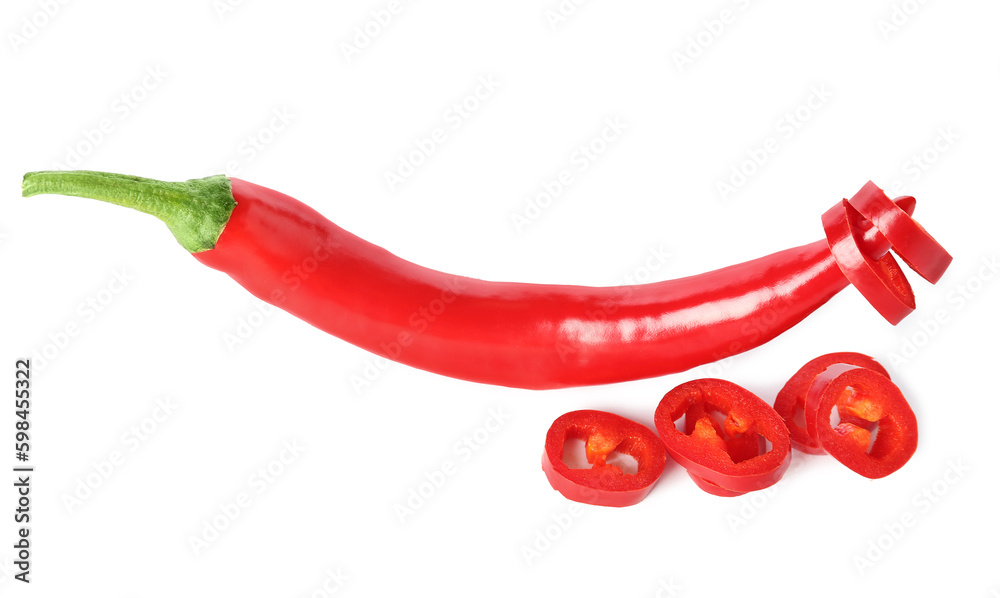 Sliced fresh chili pepper on white background