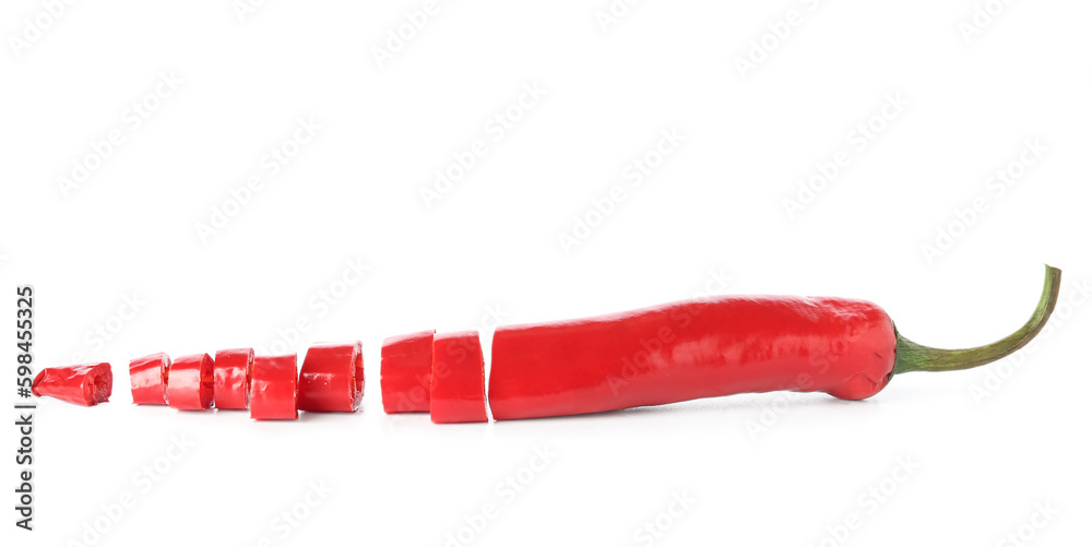 Sliced fresh chili pepper on white background