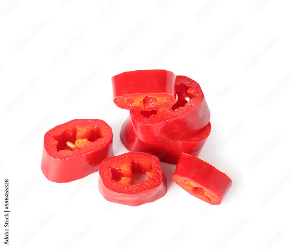 Sliced fresh chili pepper on white background