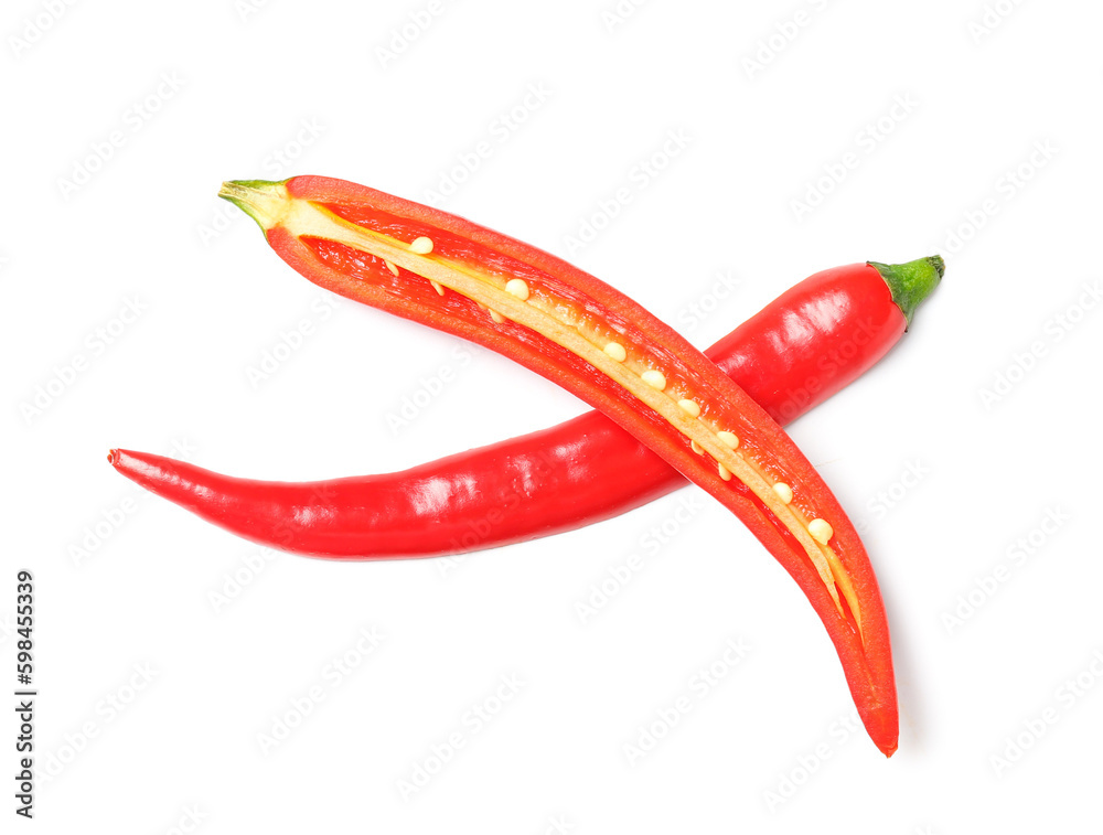 Sliced fresh chili peppers on white background