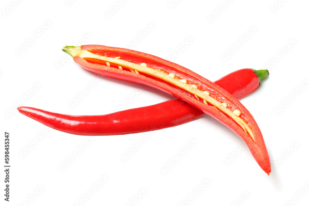 Sliced fresh chili peppers on white background