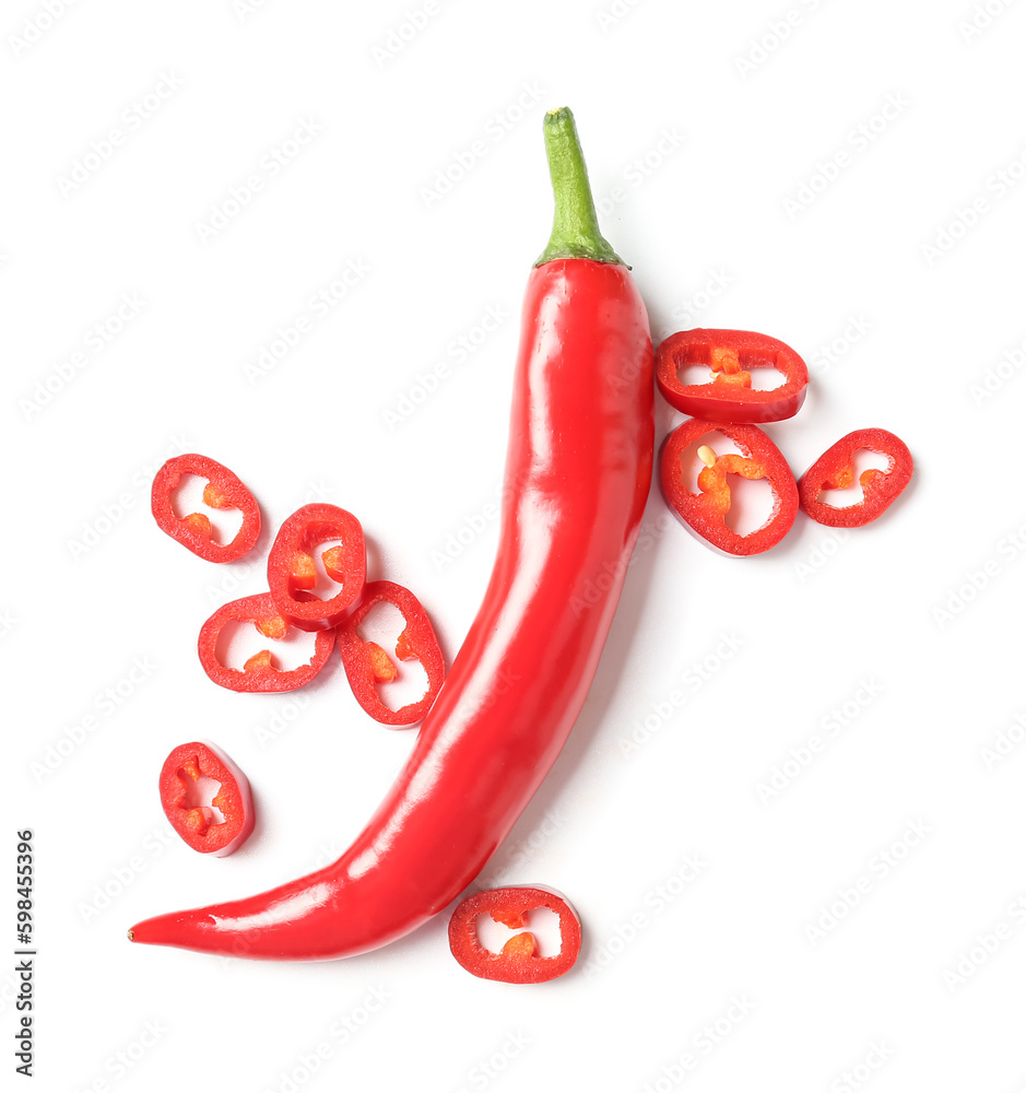 Sliced fresh chili pepper on white background