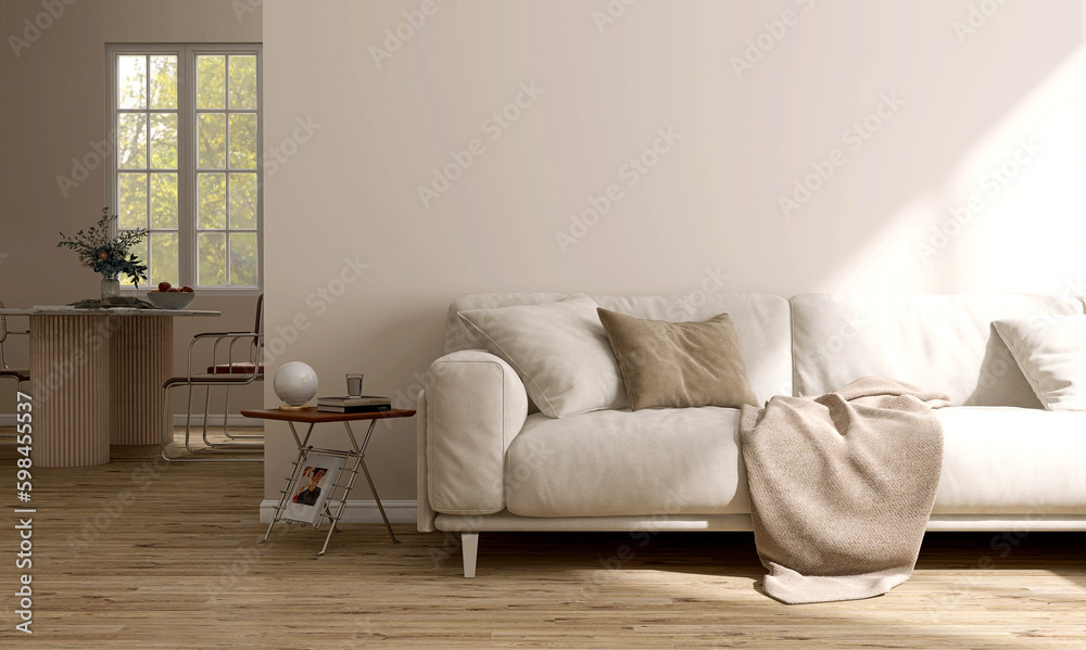 Cream suede leather sofa, brown cushion, blanket in sunlight on beige wall, parquet floor living roo