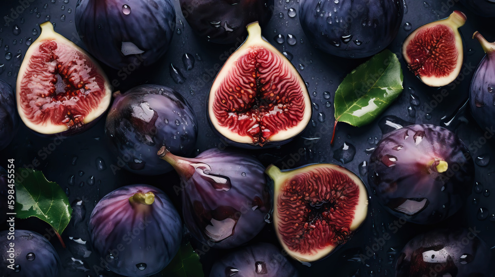 Fresh ripe figs with water drops background. Fruits backdrop. Generative AI