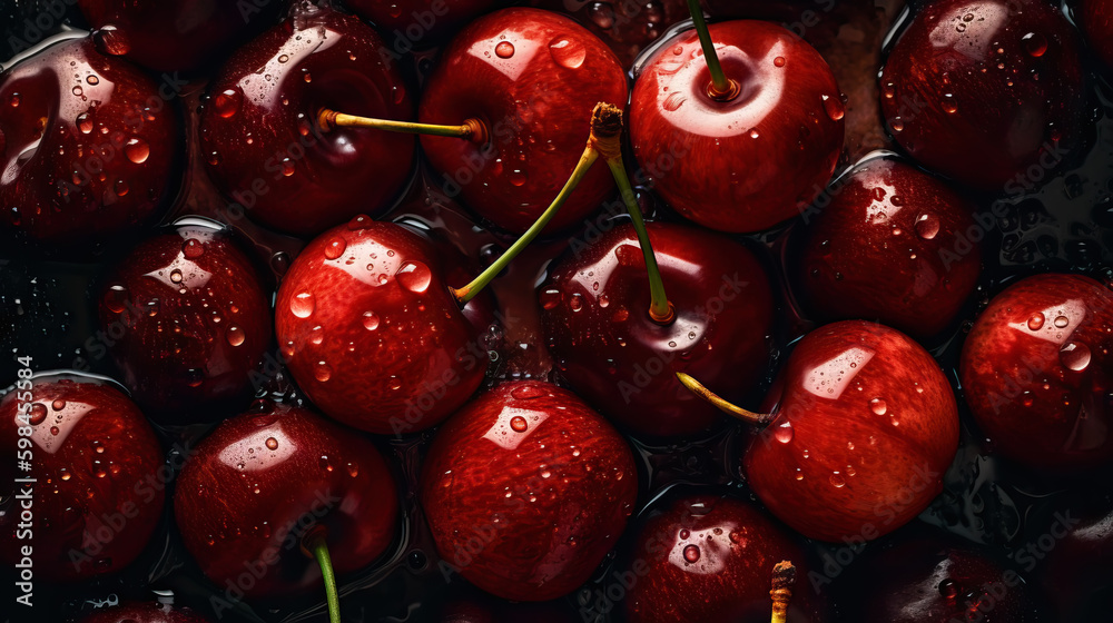 Fresh ripe cherries with water drops background. Berries backdrop. Generative AI