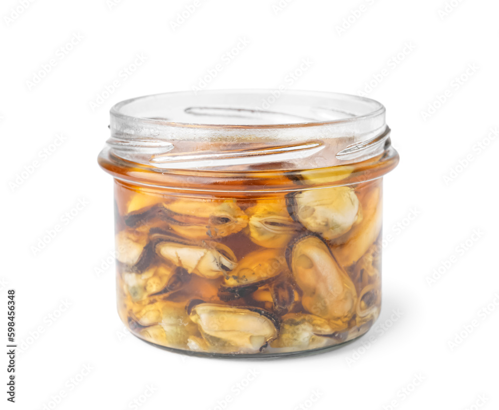 Marinated mussels in jar on white background