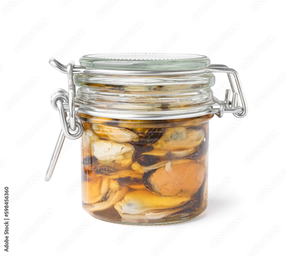 Marinated mussels in jar on white background