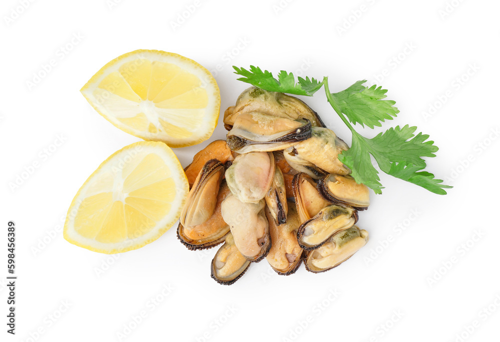 Pickled mussels with lemon and parsley on white background