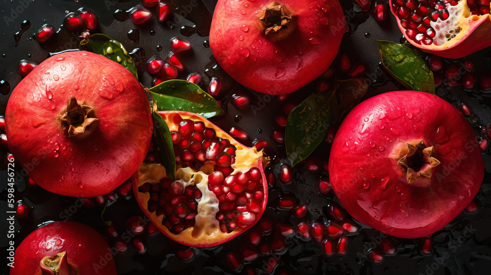 Fresh ripe pomegranades with water drops background. Fruits backdrop. Generative AI