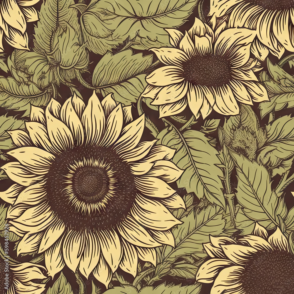 Sunflower flower seamless pattern. Floral seamless background. Generative AI