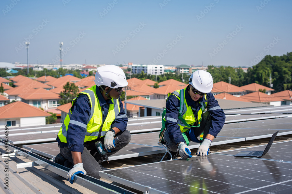 Professional engineer work to maintenance of photovoltaic panel system. 