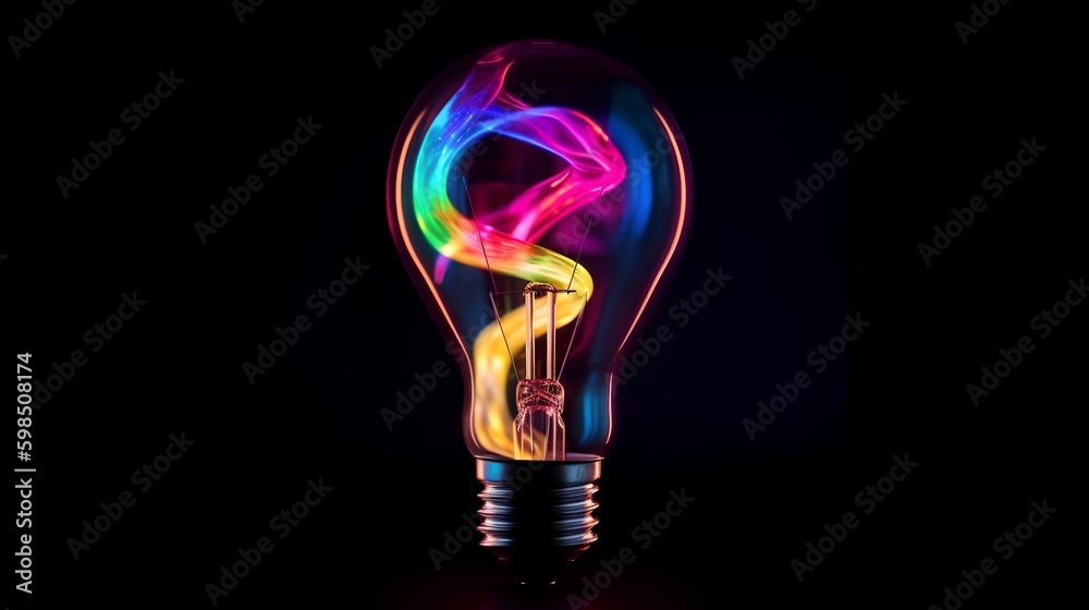 Glowing bulb on a dark background, radiating vivid colors. Creative brainstorming, innovation, and b