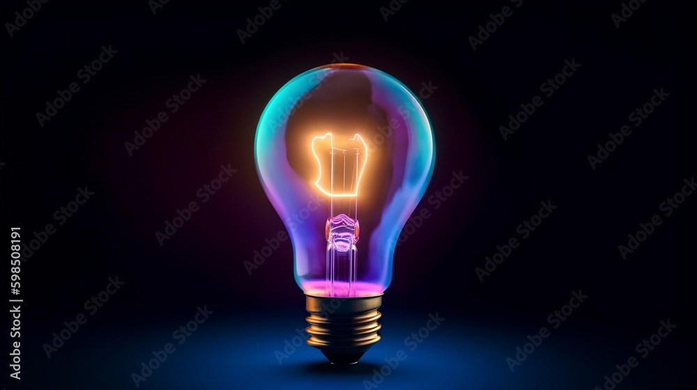 Glowing bulb on a dark background, radiating vivid colors. Creative brainstorming, innovation, and b