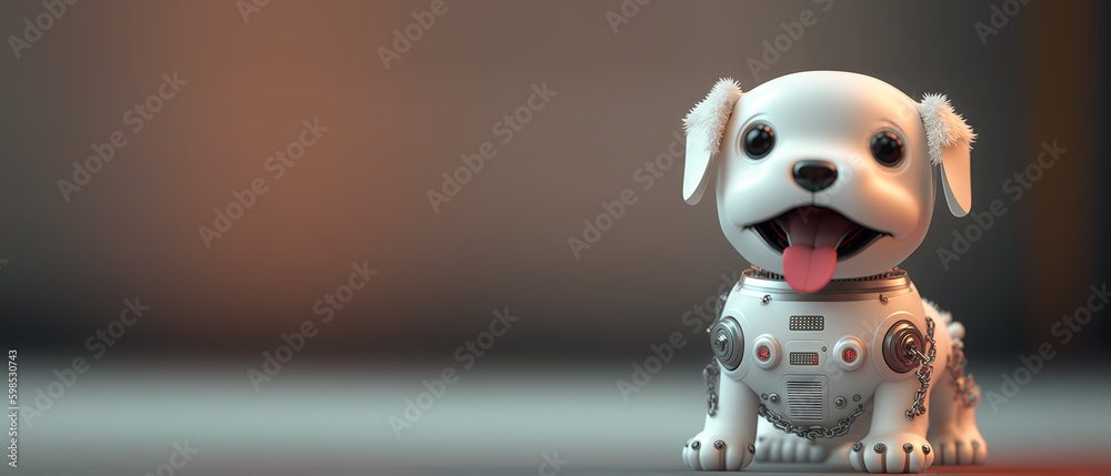 Cute robotic puppy isolated on large empty background. White happy little dog robot. Futuristic pet 