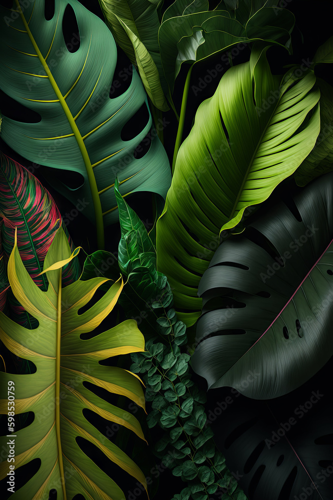 Green tropical leaves background. Natural foliage leaf texture. View of palm plants. Generative ai