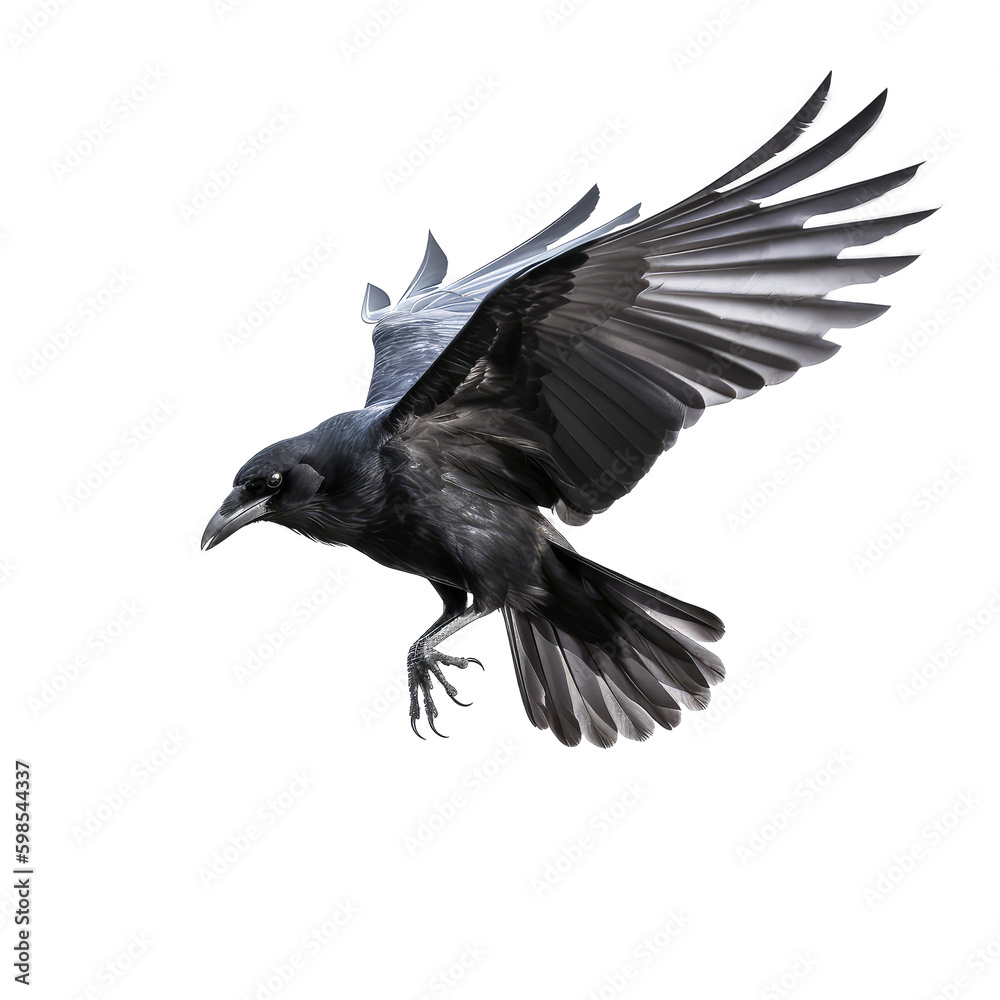 crow flying on a white background