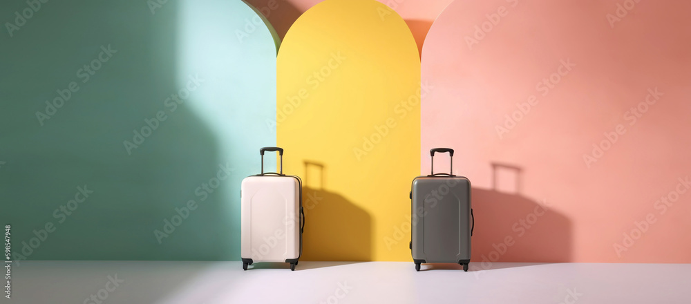 Pastel colored scene with travel suitcases, on uniform background. Trip concept. Generative AI