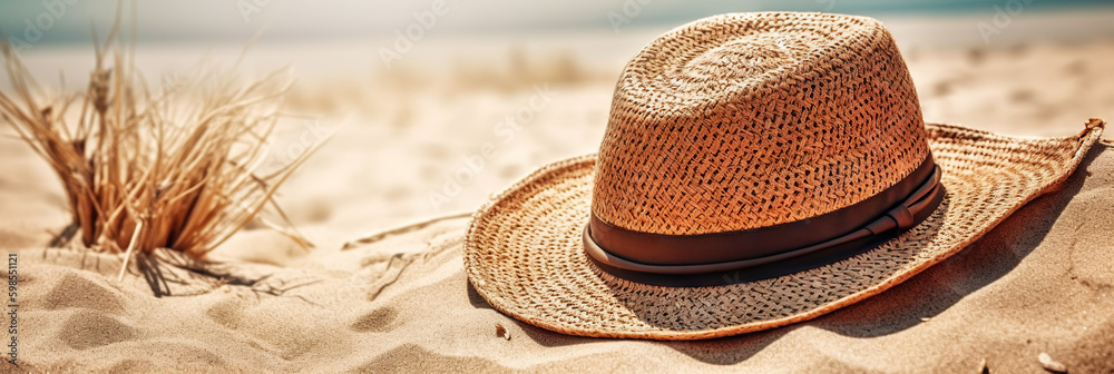 Hat on the sand with a sea background. Travel concept. Generative AI