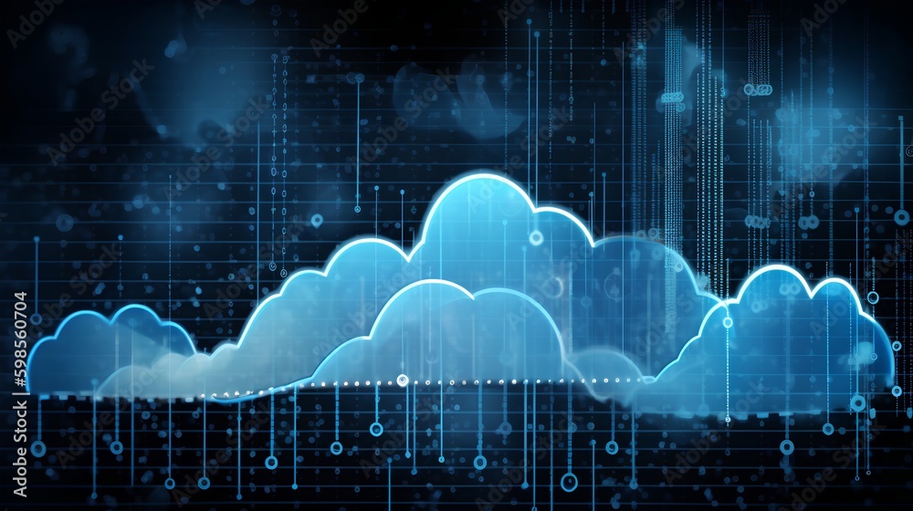 Cloud analytics concept visualized by abstract, glowing data lines on a dark digital background, ill