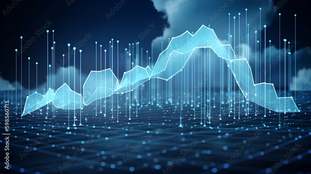 Cloud analytics concept visualized by abstract, glowing data lines on a dark digital background, ill