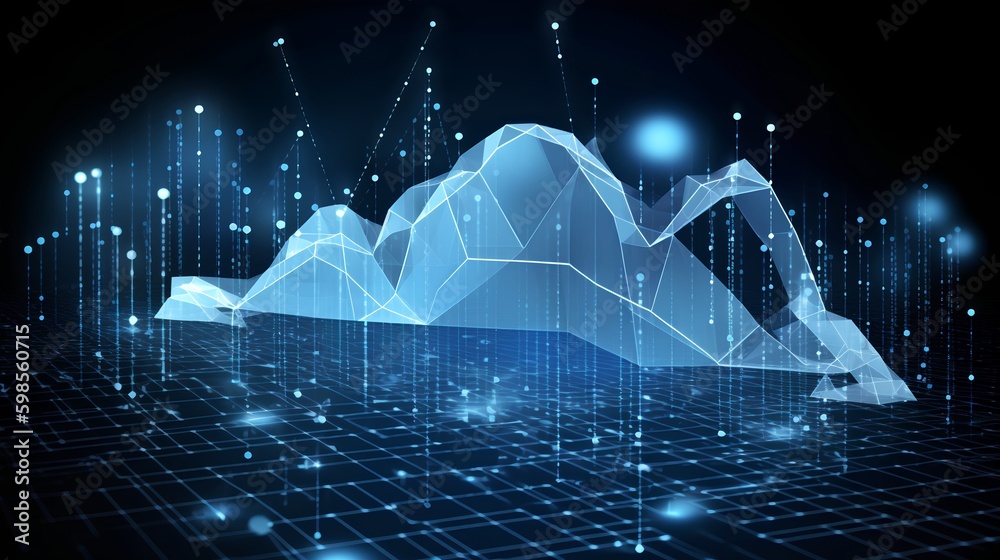 Cloud analytics concept visualized by abstract, glowing data lines on a dark digital background, ill