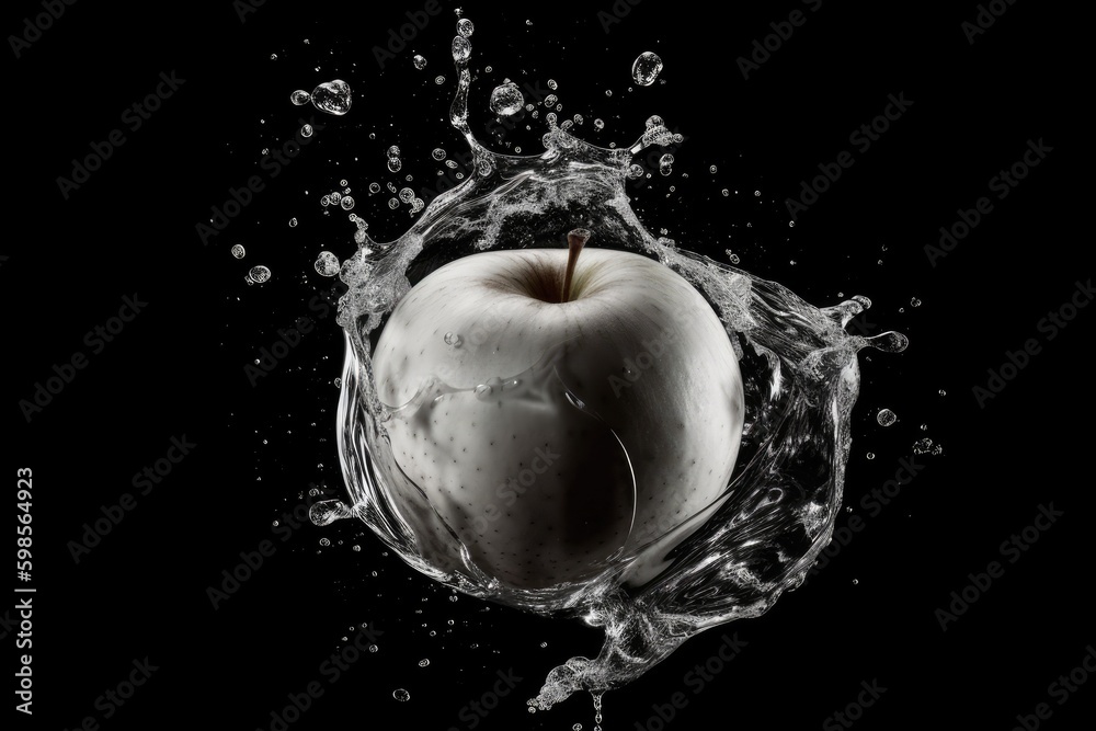 an apple with water droplets splashing around it. Generative AI Generative AI