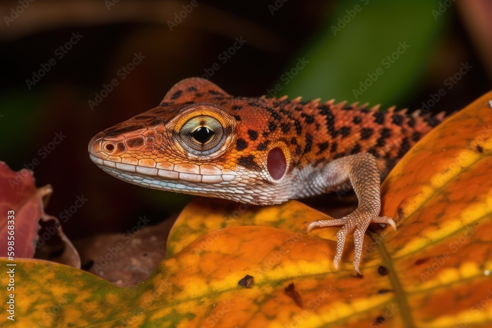 green lizard perched on a vibrant green leaf. Generative AI Generative AI