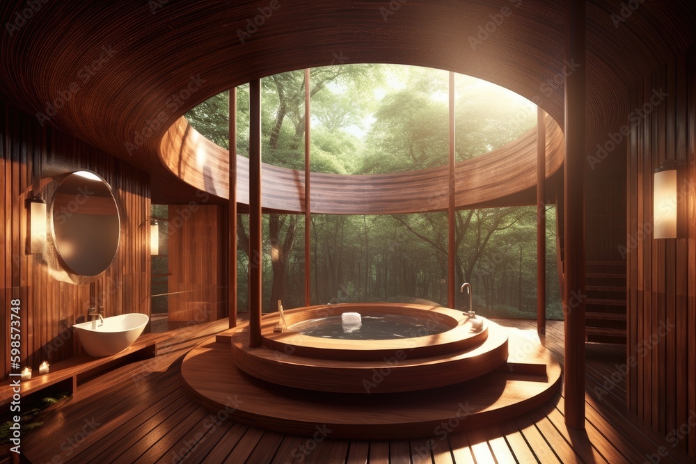 modern bathroom with a circular bathtub and wooden flooring. Generative AI Generative AI