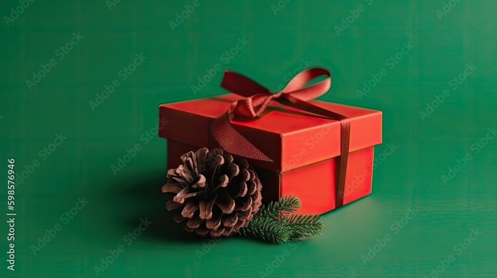 Gift box with ribbon and pinecone. Illustration AI Generative.