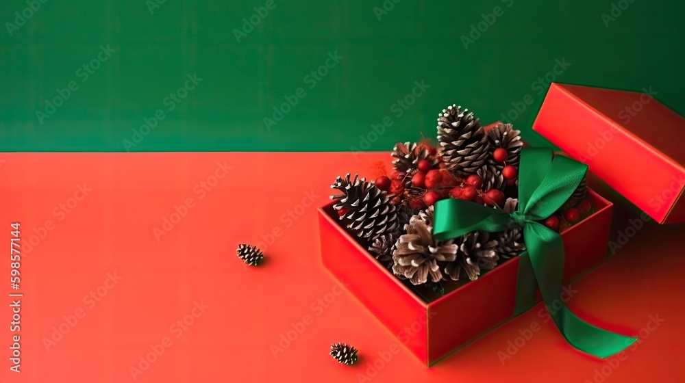 Gift box with ribbon and pinecone. Illustration AI Generative.