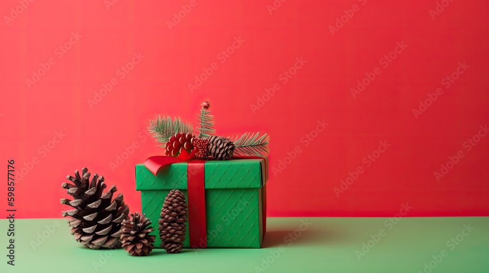 Gift box with ribbon and pinecone. Illustration AI Generative.