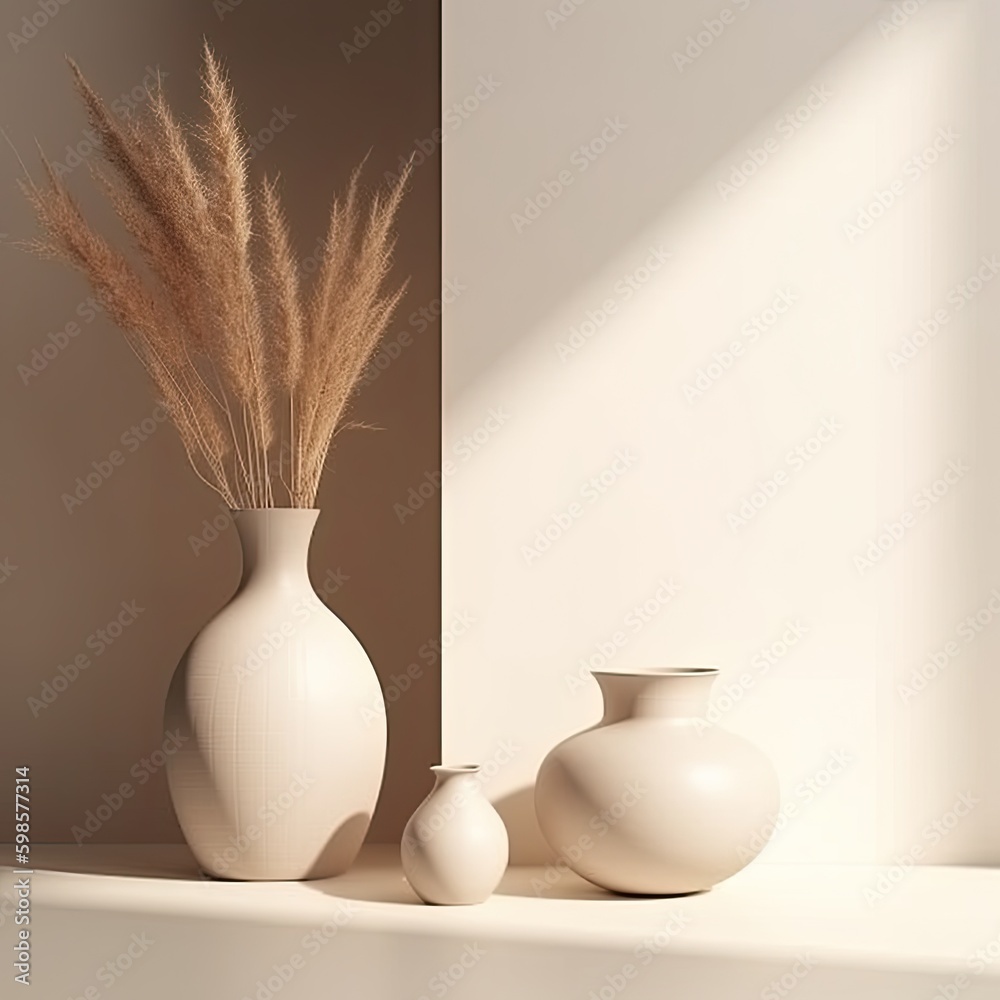 Minimalist background with vase and dry flowers. Illustration AI Generative.