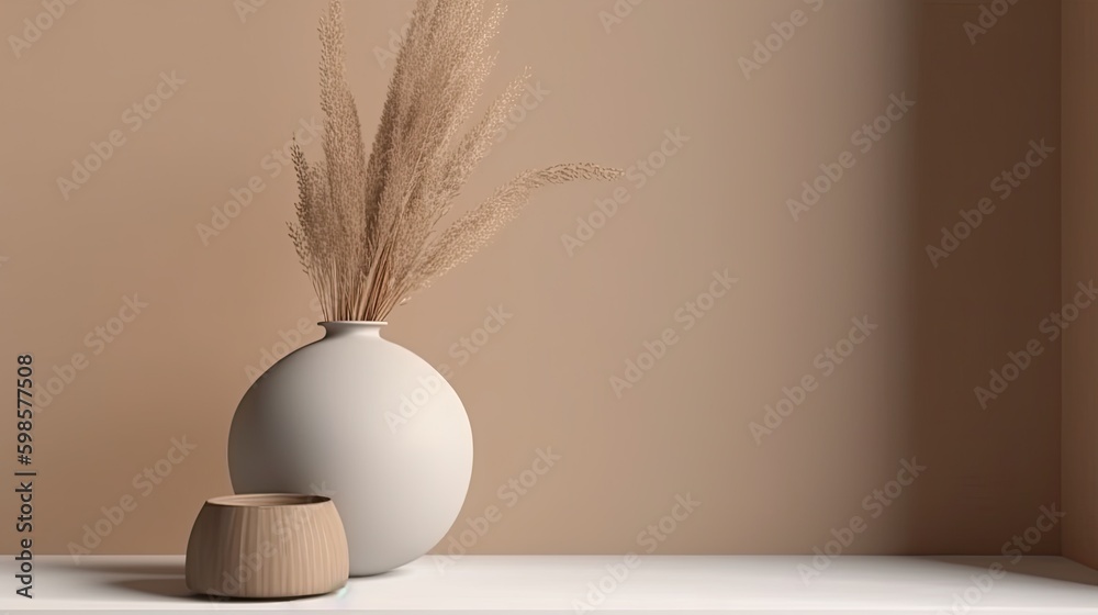 Minimalist background with vase and dry flowers. Illustration AI Generative.