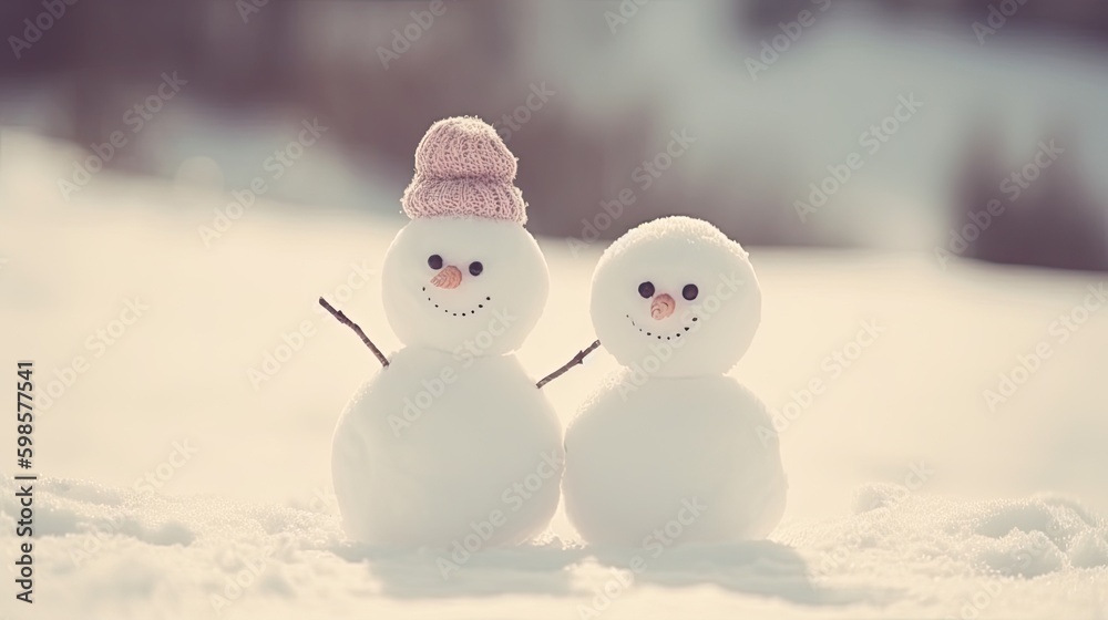 Cute snowman couple. Illustration AI Generative.