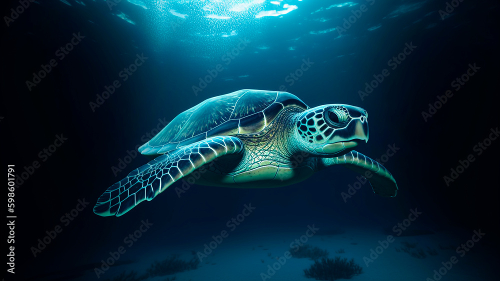 A sea turtle swimming in the clear blue ocean. generative ai.