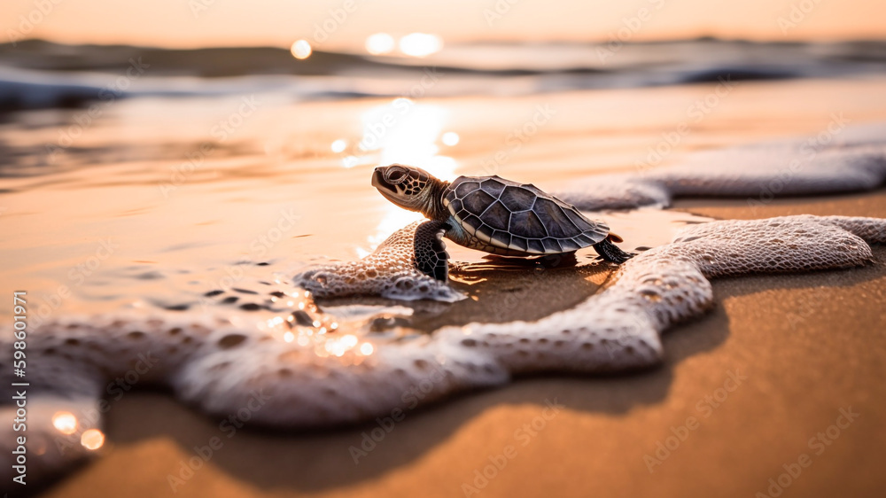 A baby turtle on the beach at sunset.. generative ai.