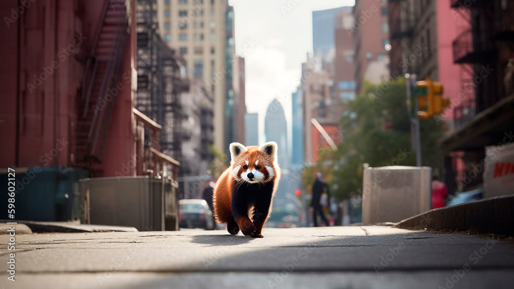 A cute red panda walking down a the city street. generative ai.