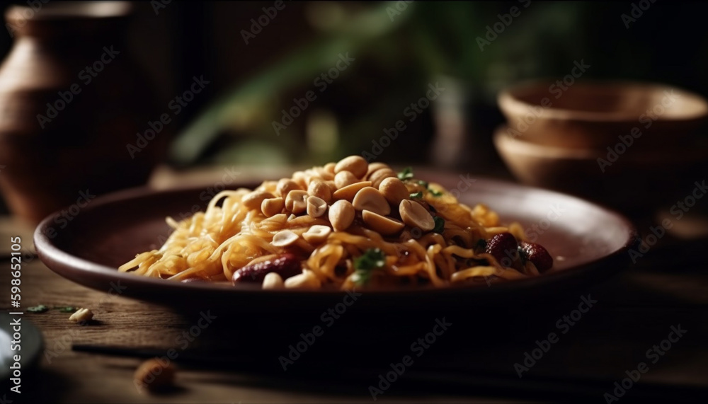 Healthy vegetarian meal, cooked with homemade spice generated by AI