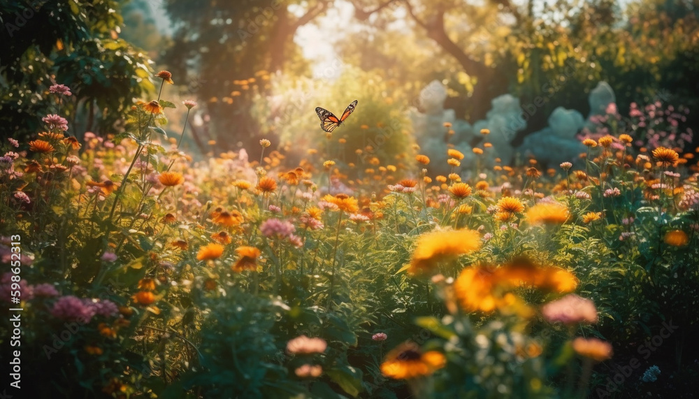 Butterfly flying in meadow at sunset generated by AI