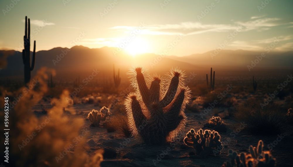 Silhouette of mountain range back lit by sunset generated by AI