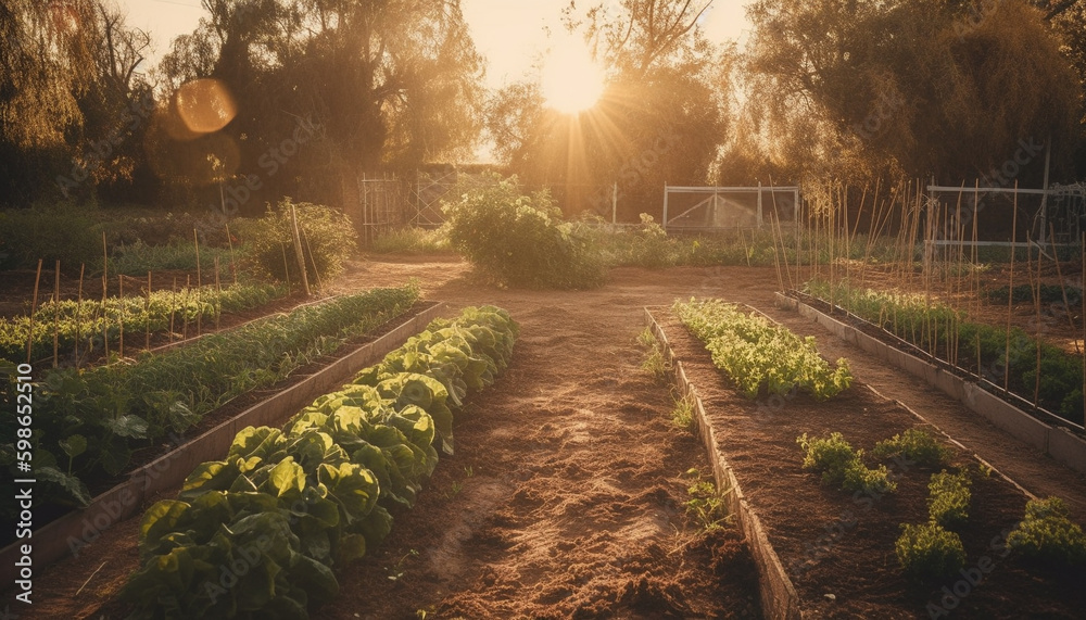 Fresh vegetables grow in the organic garden generated by AI