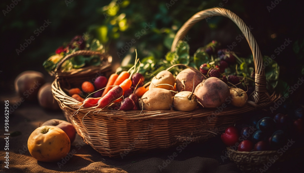 Fresh organic vegetables and fruits on wicker table generated by AI