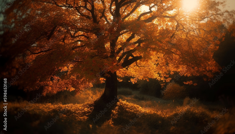 Tranquil forest glows in spooky autumn light generated by AI