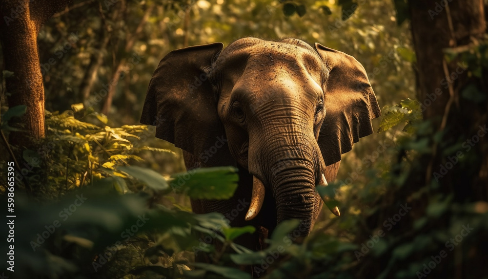 African elephant walking through lush tropical forest generated by AI