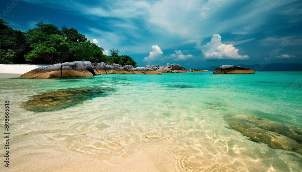 Tropical palm trees sway on turquoise waters generated by AI