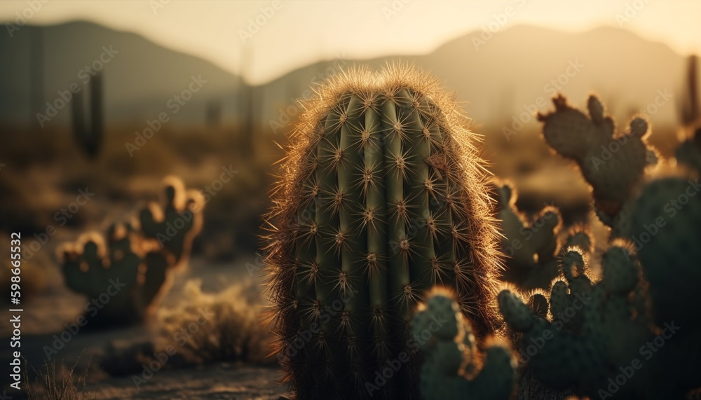 Silhouette of spiked succulent plant at sunset generated by AI