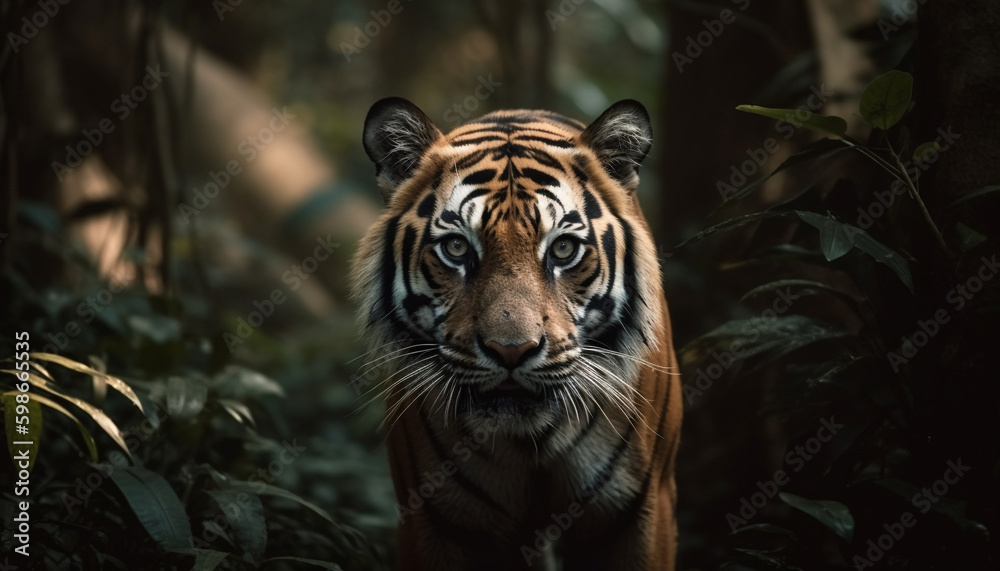 Bengal tiger staring, close up portrait in nature generated by AI