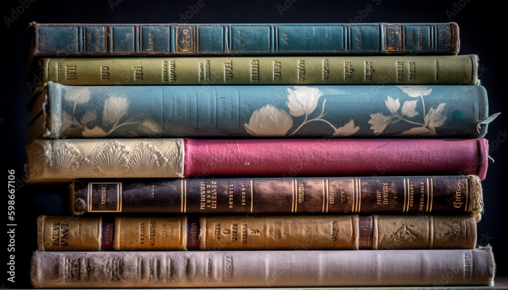 Antique book collection on old bookshelf generated by AI