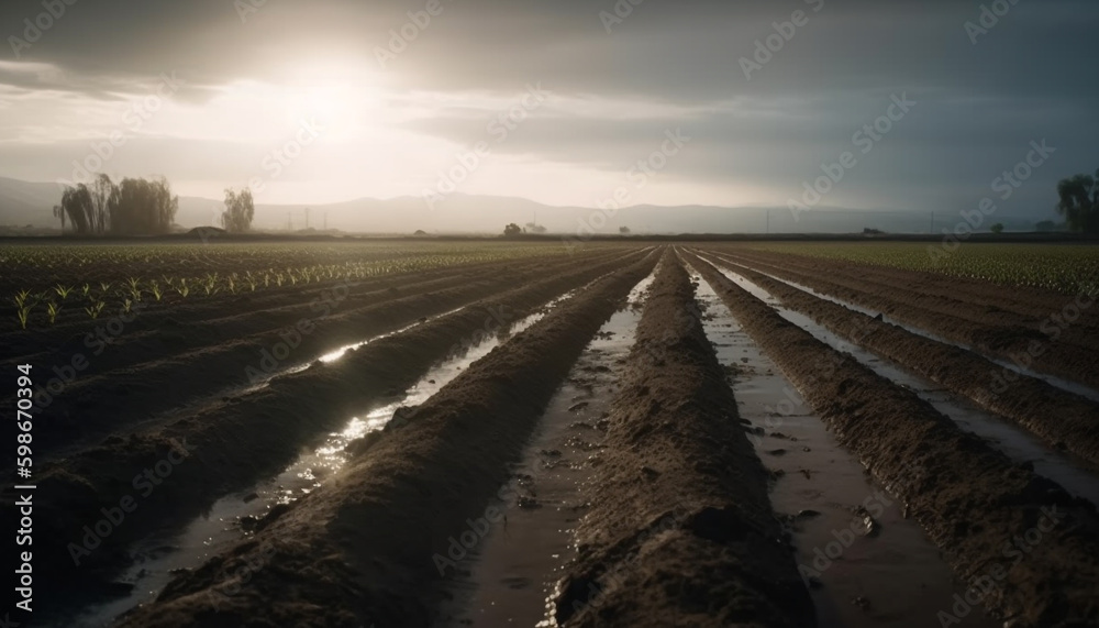 Sunset over plowed field, mud and growth generated by AI